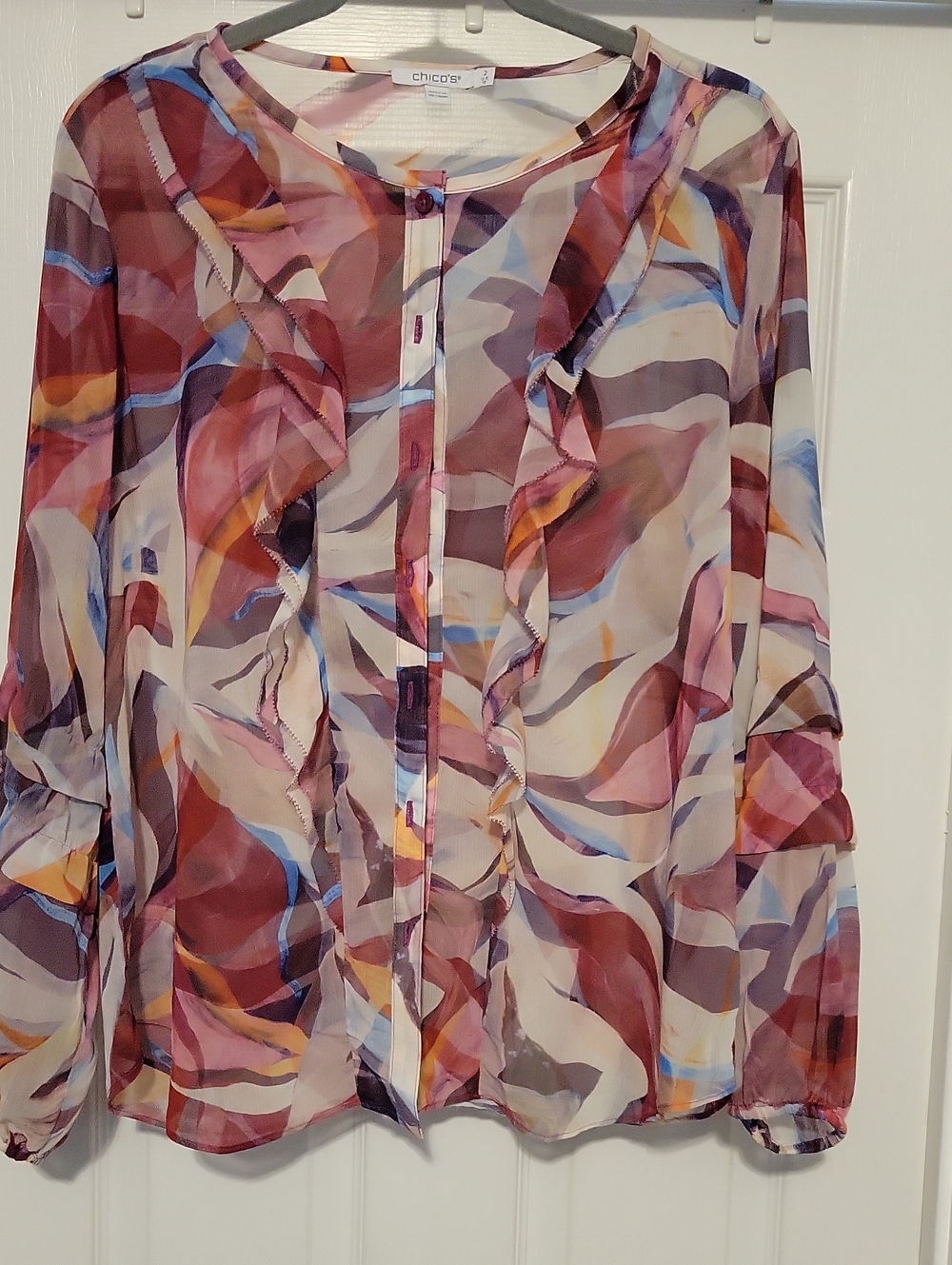 Chico's Cream Blouse with Blue and Orange Brushstroke Print